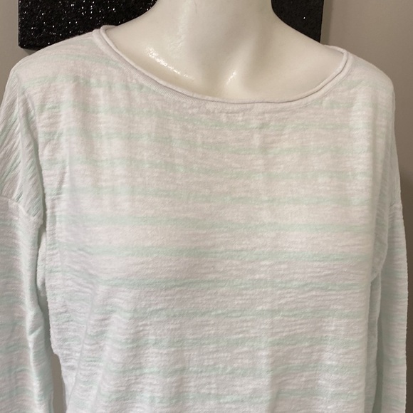 VINCE Womens Long Sleeve Scoop Neck Striped Shirt White Green Cotton Medium - Picture 2 of 9